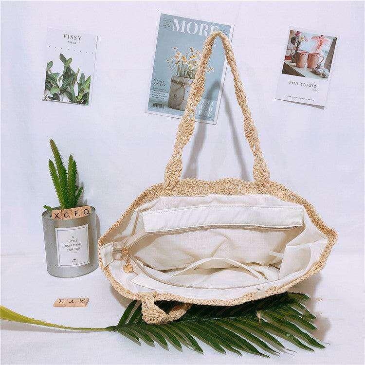 תיק קש ארוג עם בטנת בד וסגירת רוכסן Kazum