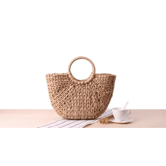 תיק קש טבעי בעיצוב ייחודי עם ידיות עגולות Kazum