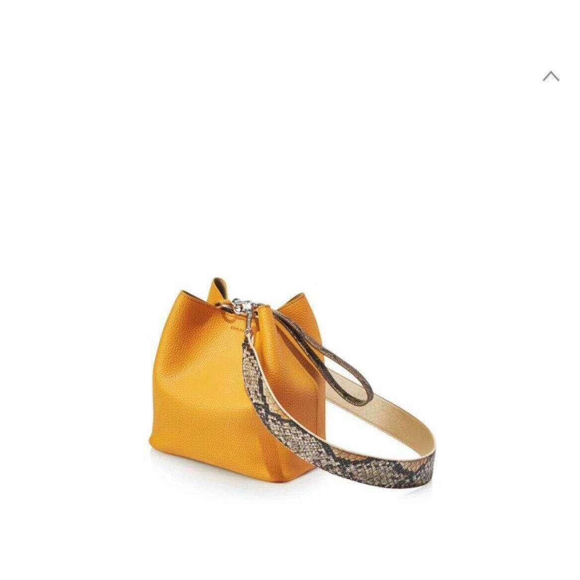 Small bucket bag with a uniquely designed shoulder strap