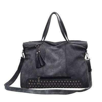 Gray crossbody bag with studs and fringes for women