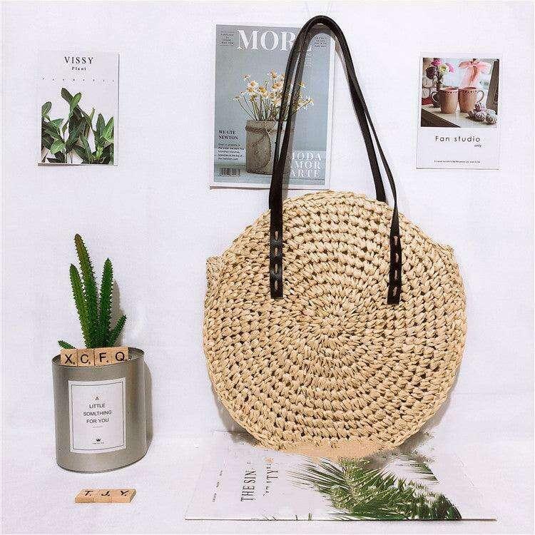 תיק קש עגול עם רצועות כתף Kazum