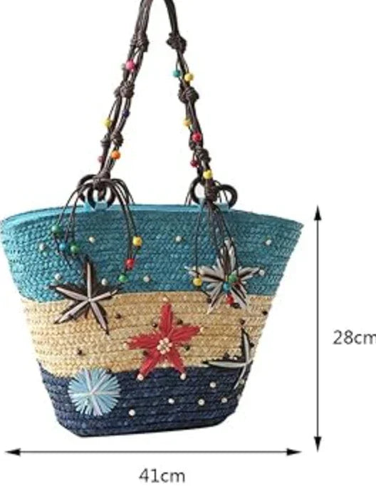 תיק קש צבעוני עם עיטורי פרחים