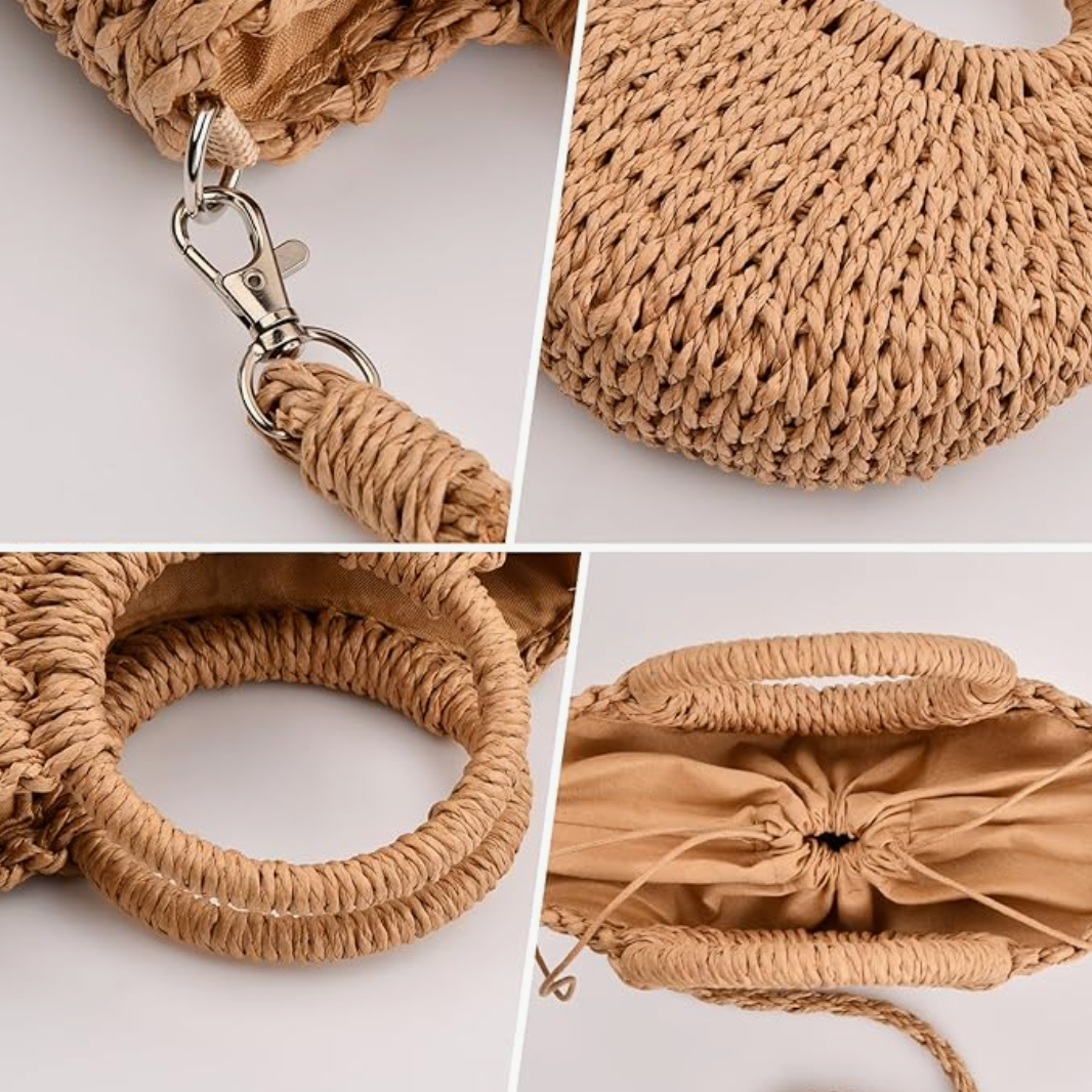 Round straw bag with a classic and feminine design