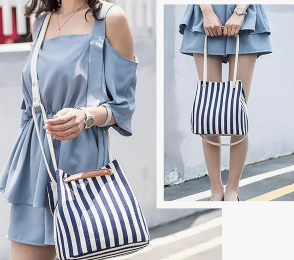 Nautical beach bag with round handle and flat shoulder strap