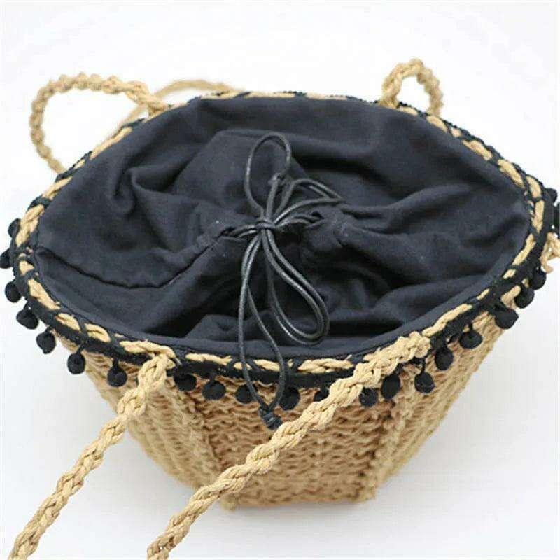 תיק קש מעוצב עם עיטור פונפונים לנשים