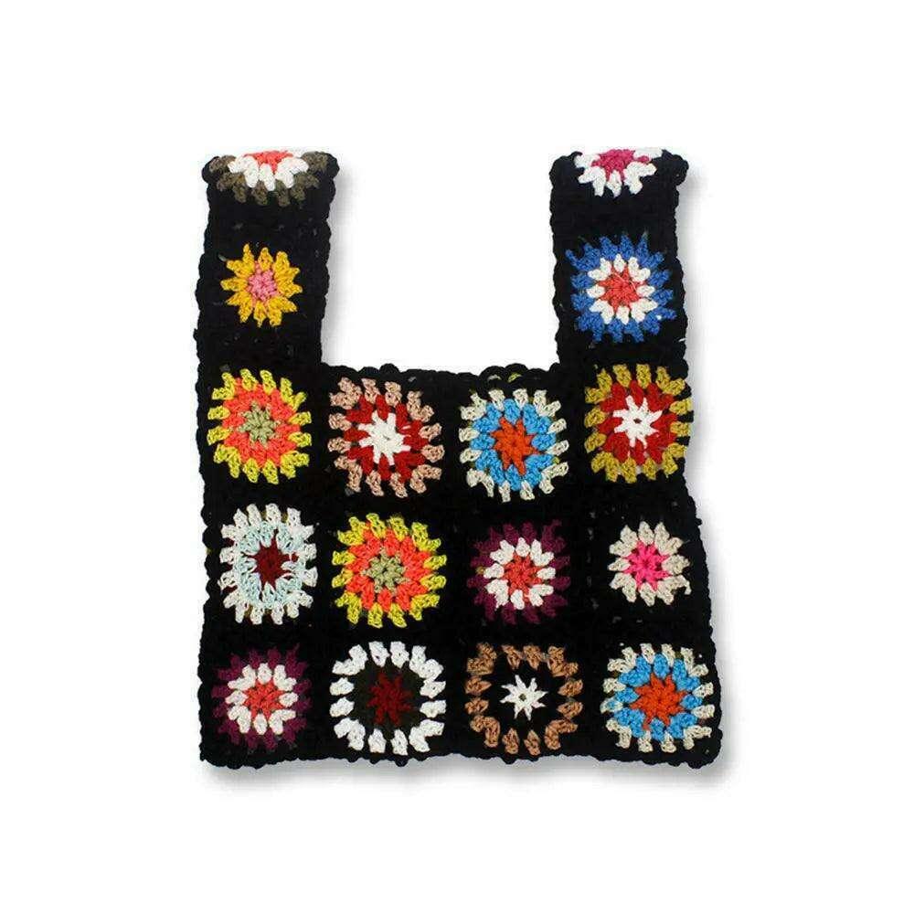 Knitted bag with a square floral design