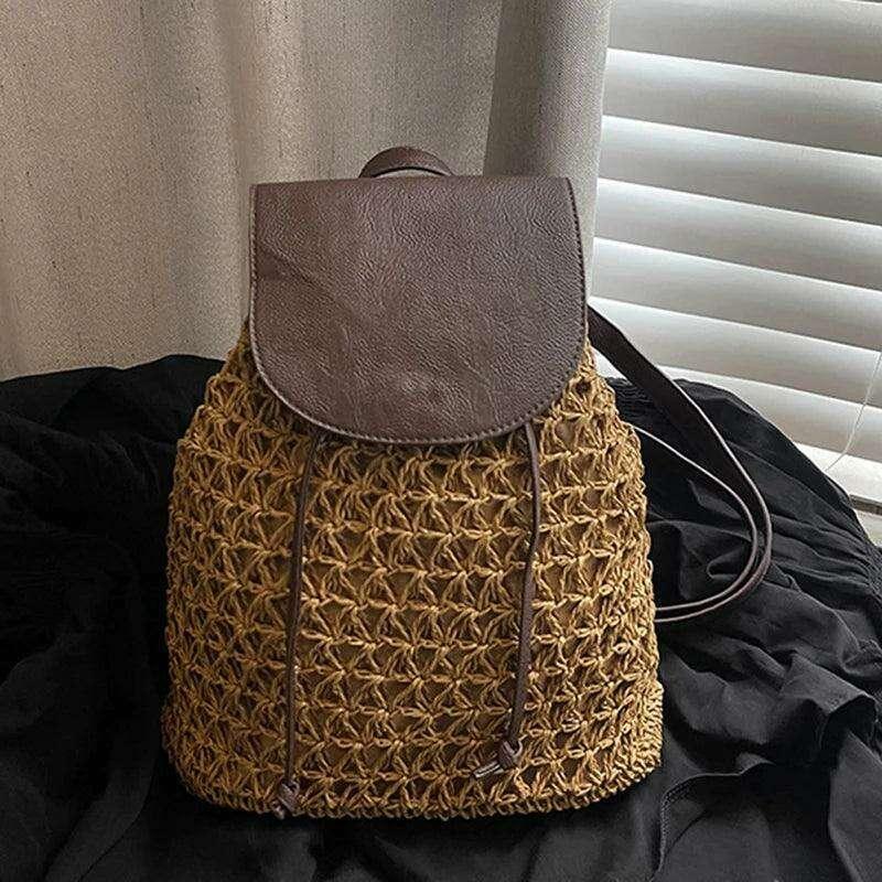 Boho style straw backpack for the beach