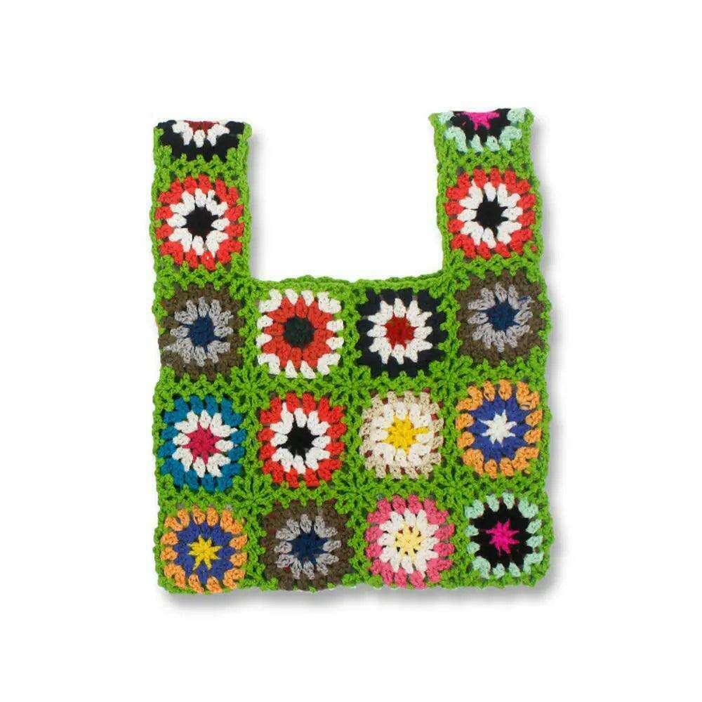 Knitted bag with a square floral design