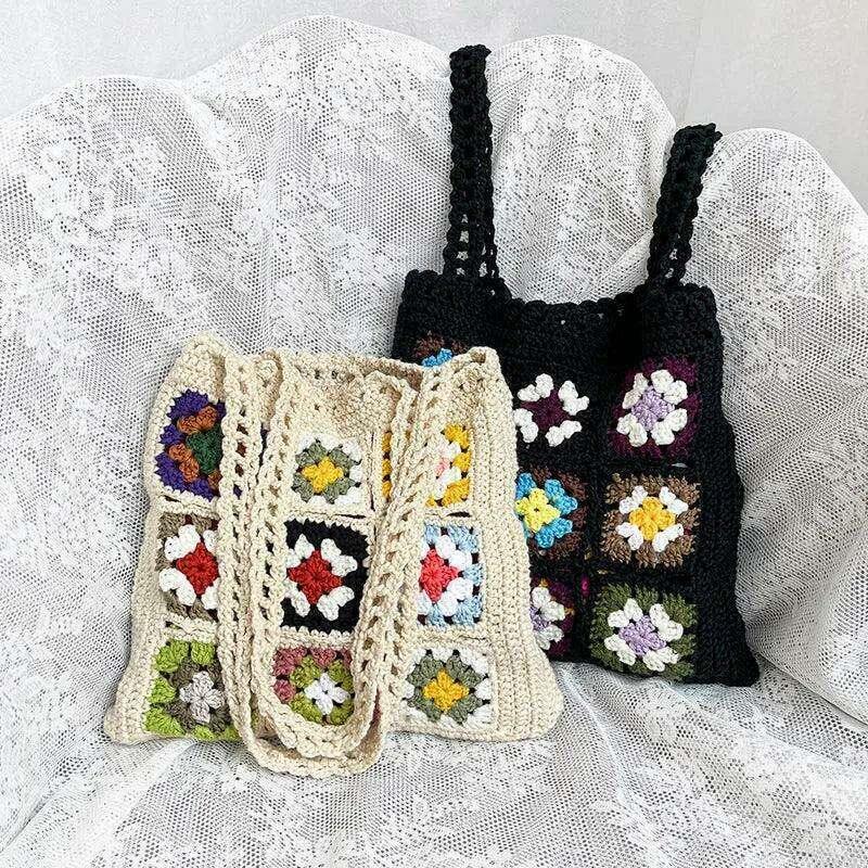 Knitted bag with a square floral design