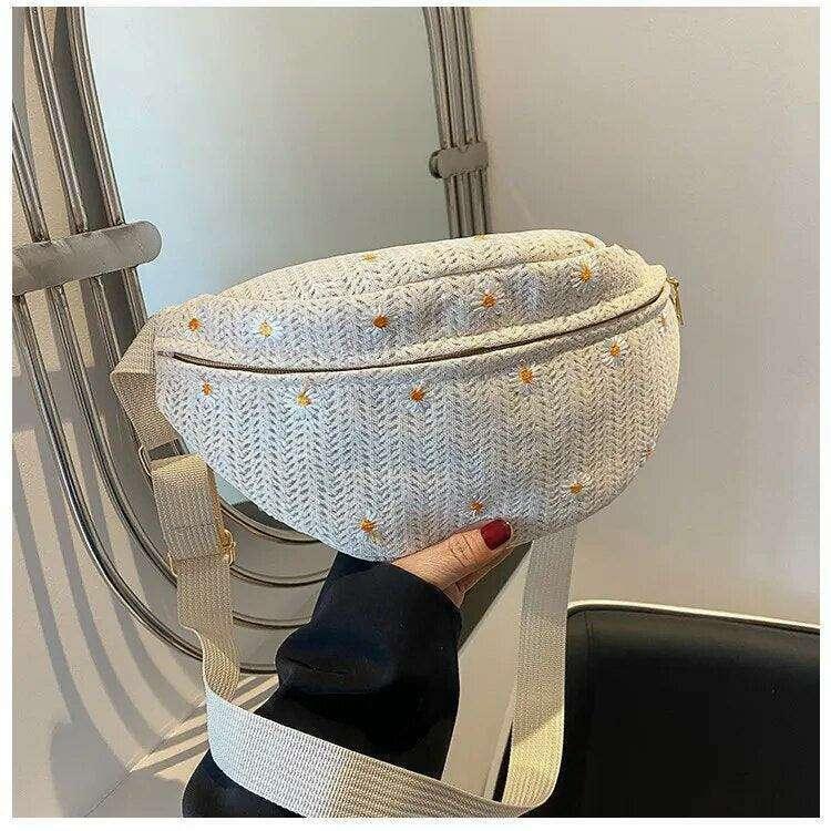 Knitted pouch bag with floral embroidery