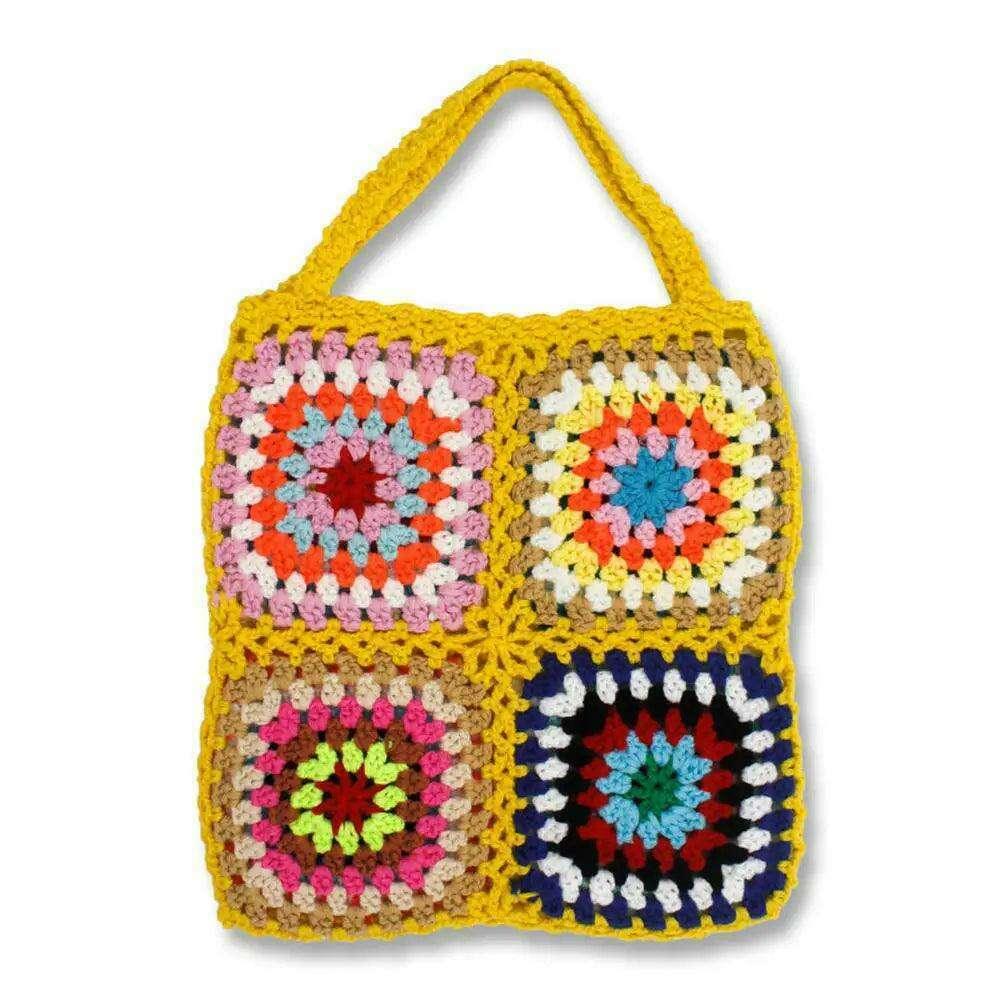 Knitted bag with a square floral design