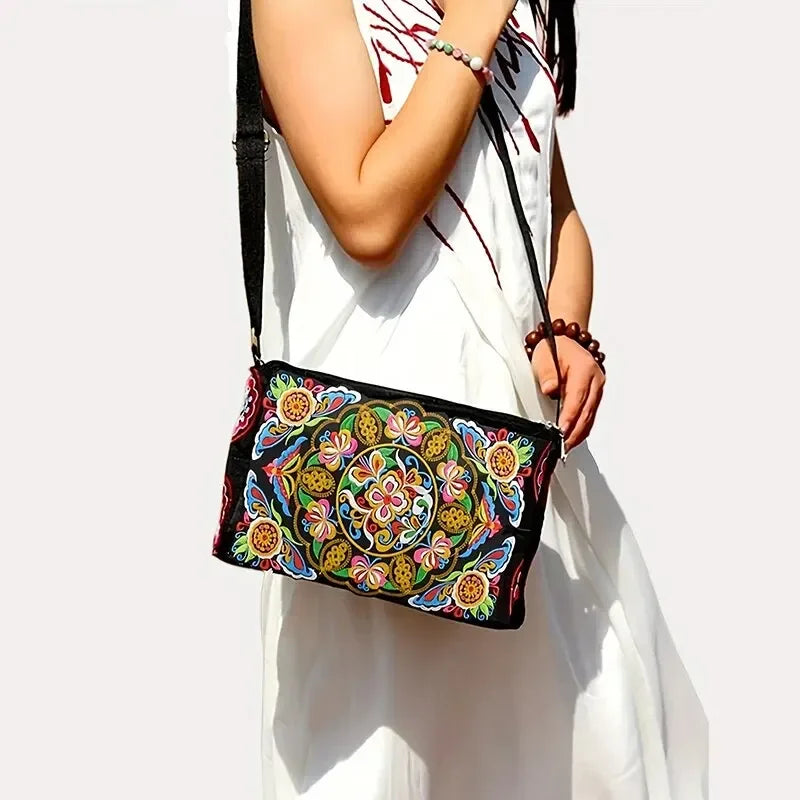Nylon Crossbody Bag for Women with Floral Embroidery | Large Capacity | Durable and Fashionable
