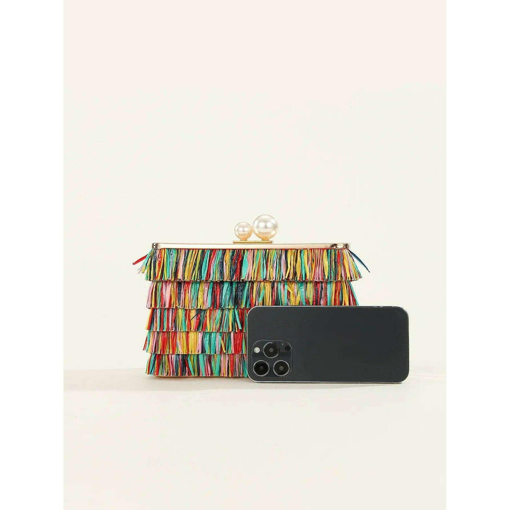 תיק קלאץ' צבעוני עם עיטורי פרנזים לנשים