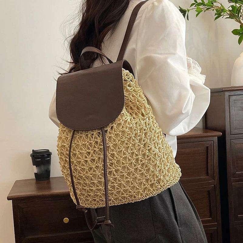 Boho style straw backpack for the beach