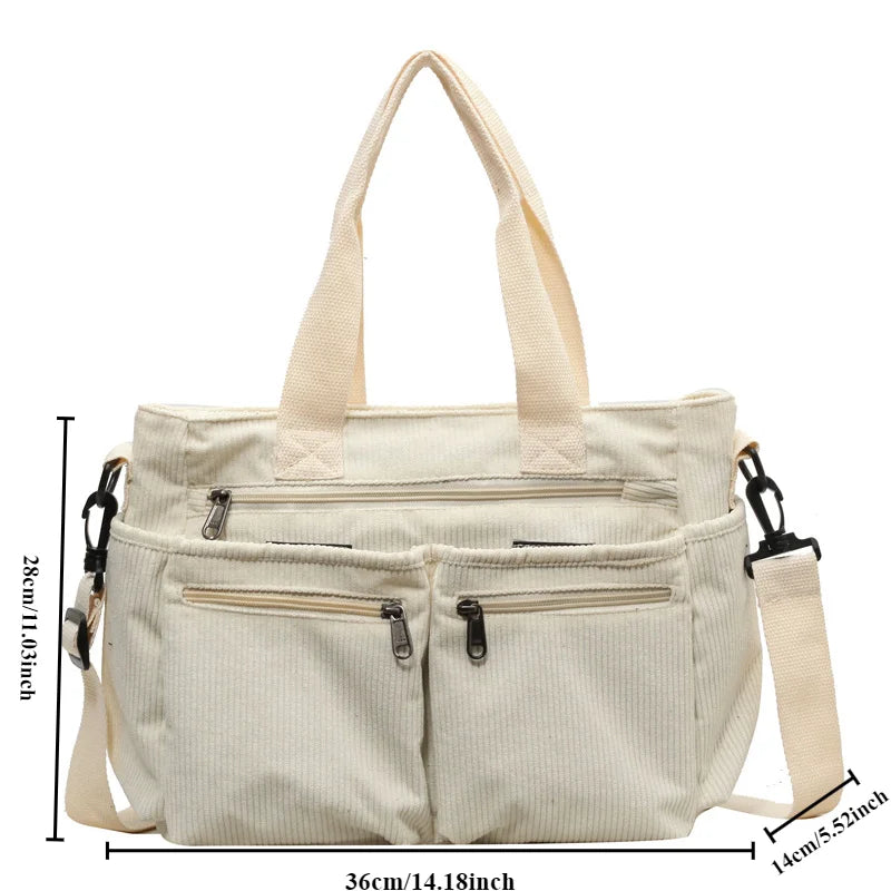 Corduroy Shoulder Bag with Zipper – Fashionable Multi-Compartment Bag for Women