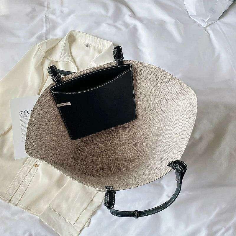 תיק קש אופנתי עם רצועות עור