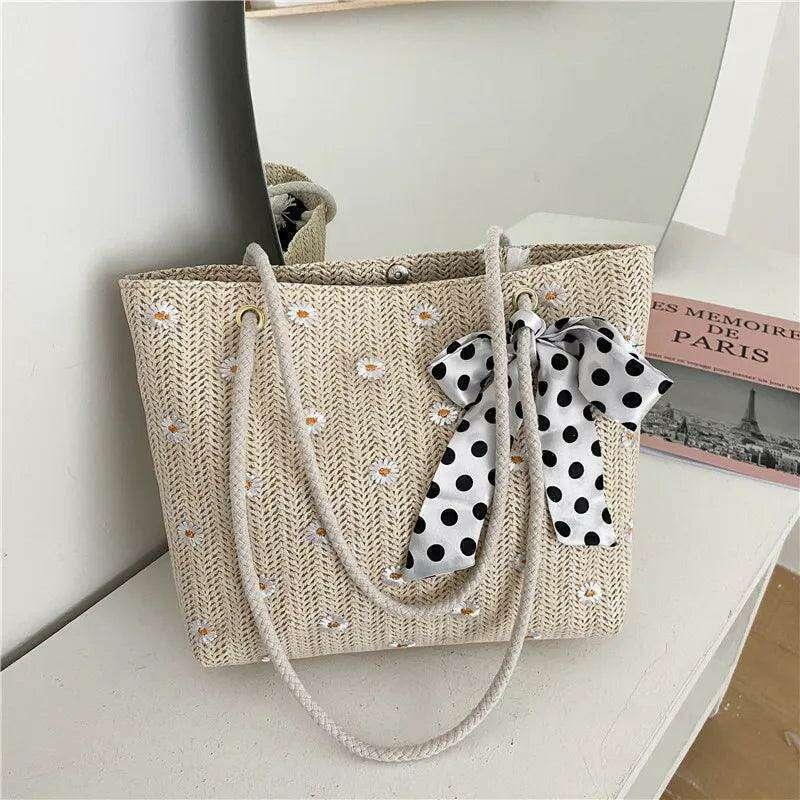 תיק קש נשי עם עיטורים פרחוניים וסרט משי מנוקד