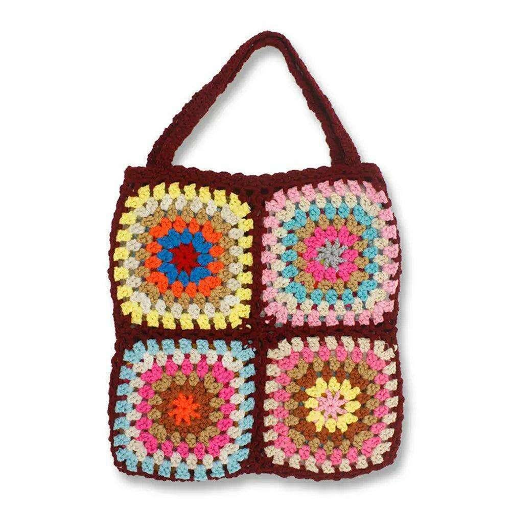 Knitted bag with a square floral design