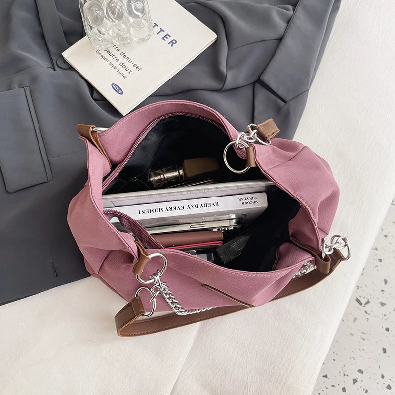 Nylon Tote Bag with Chain for Women | Single Shoulder | Solid Color and Fashionable Design