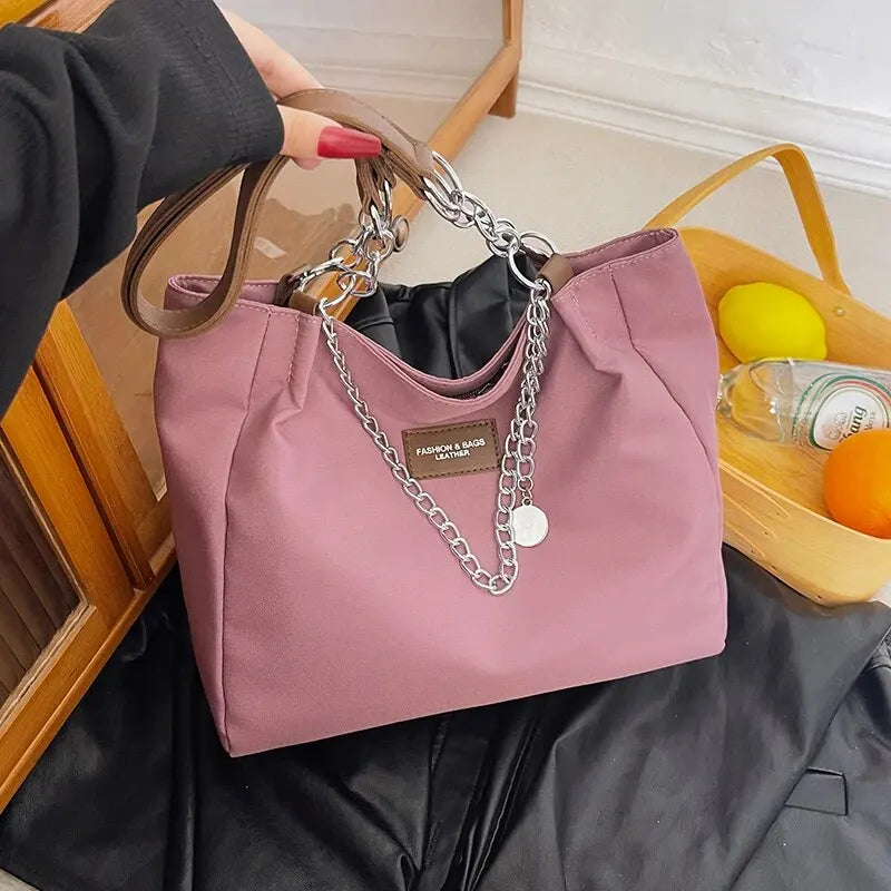 Nylon Tote Bag with Chain for Women | Single Shoulder | Solid Color and Fashionable Design