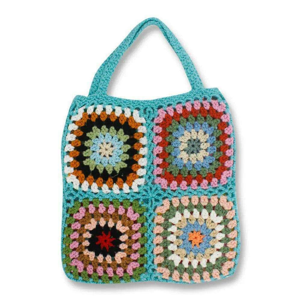 Knitted bag with a square floral design