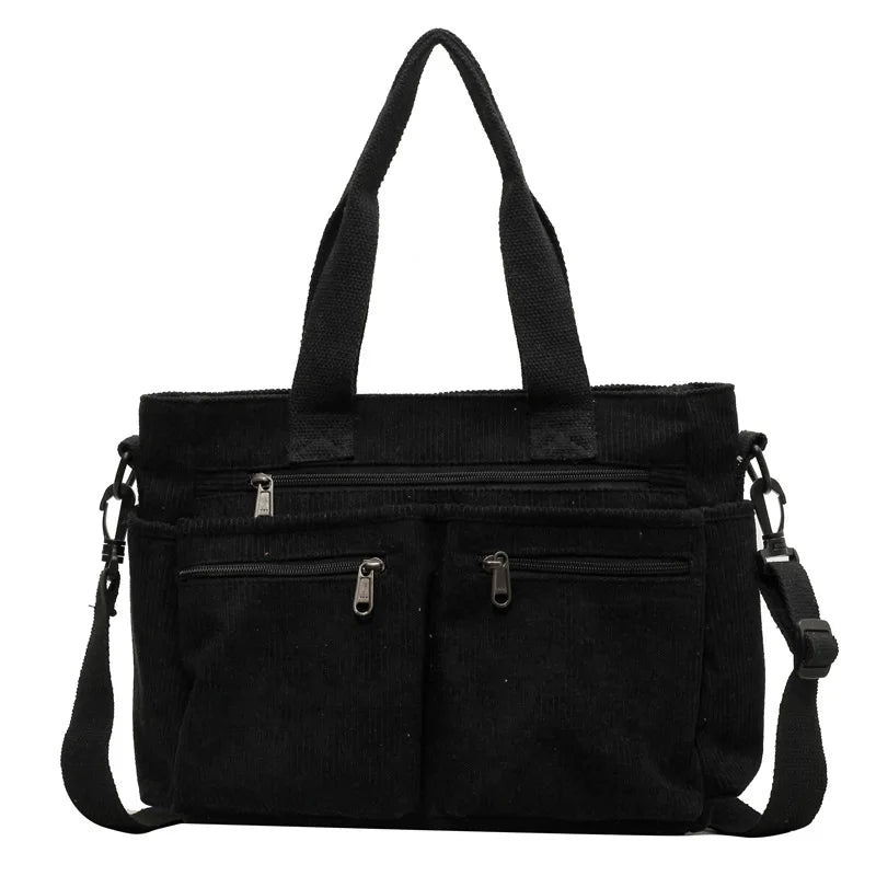 Corduroy Shoulder Bag with Zipper – Fashionable Multi-Compartment Bag for Women