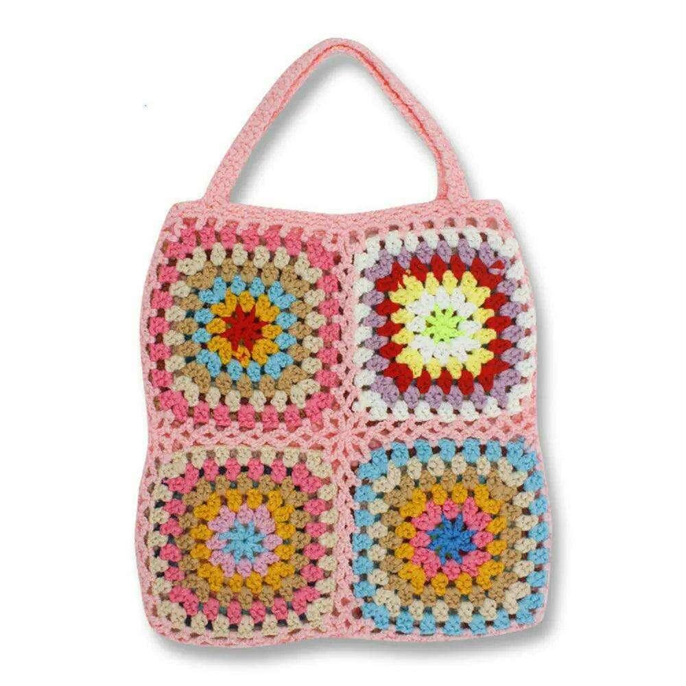 Knitted bag with a square floral design