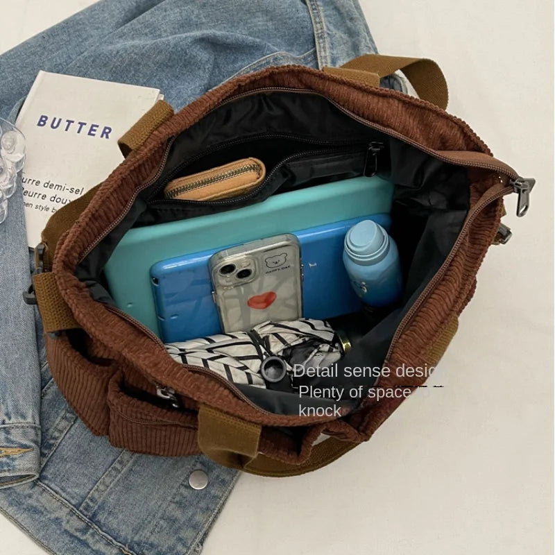 Corduroy Shoulder Bag with Zipper – Fashionable Multi-Compartment Bag for Women
