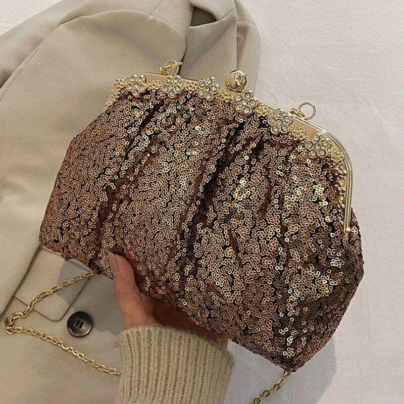 Luxurious evening bag with sequins and gold touches