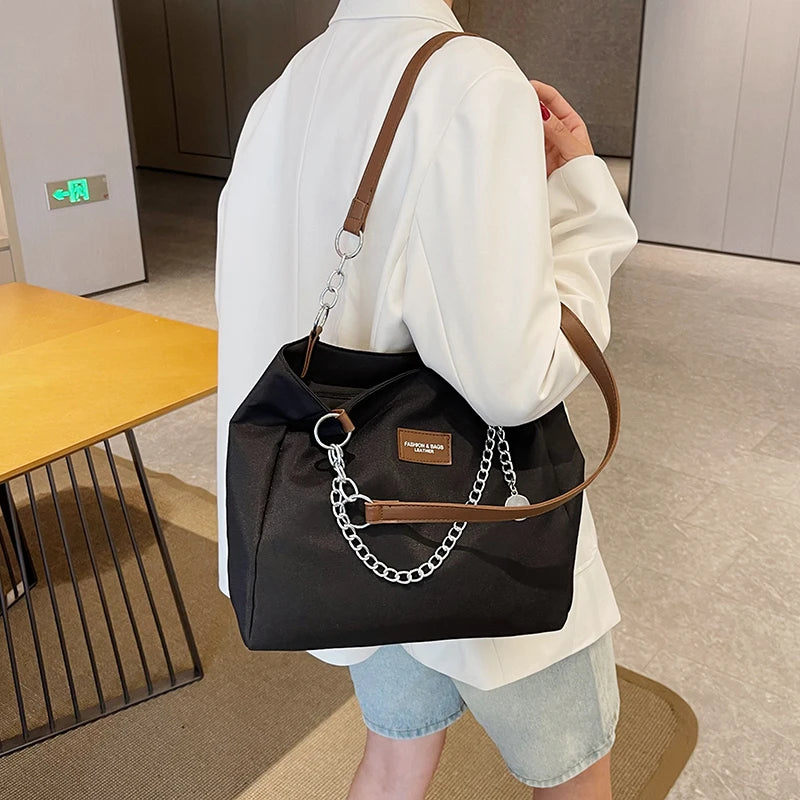 Nylon Tote Bag with Chain for Women | Single Shoulder | Solid Color and Fashionable Design