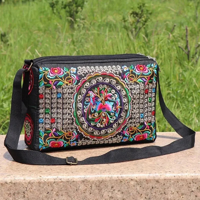 Nylon Crossbody Bag for Women with Floral Embroidery | Large Capacity | Durable and Fashionable