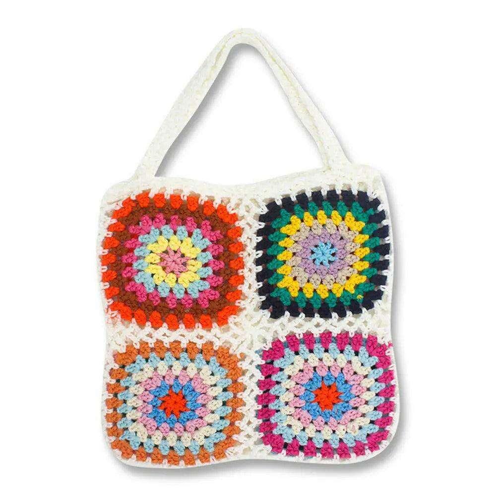 Knitted bag with a square floral design