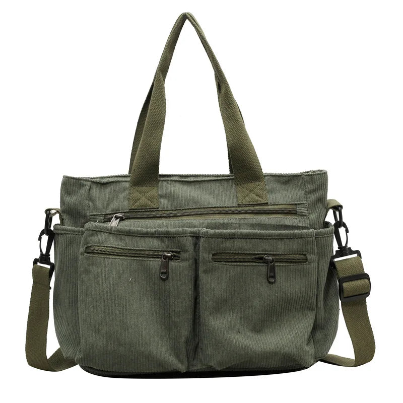 Corduroy Shoulder Bag with Zipper – Fashionable Multi-Compartment Bag for Women