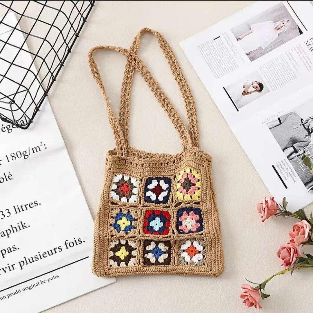 Knitted bag with a square floral design