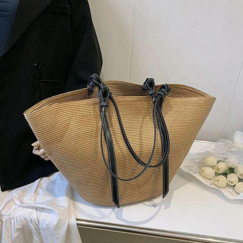 תיק קש אופנתי עם רצועות עור