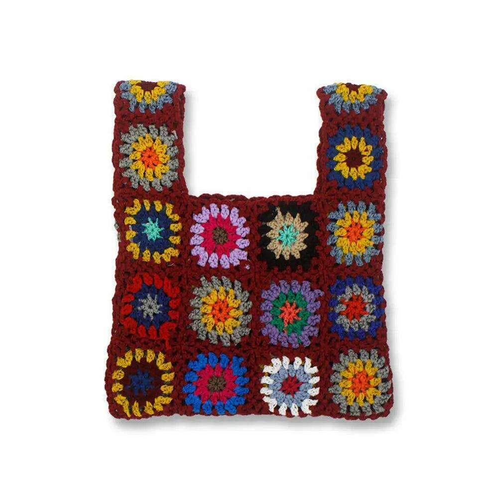 Knitted bag with a square floral design