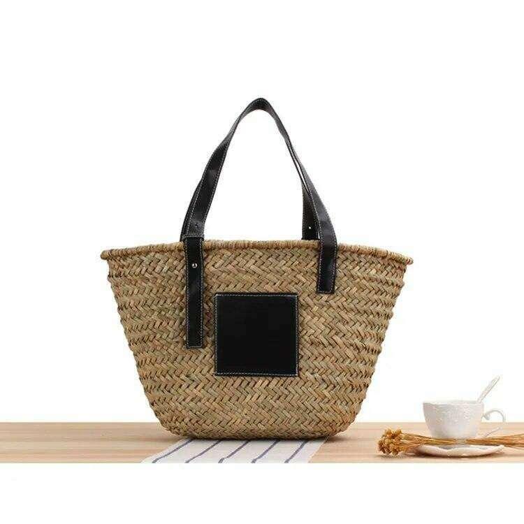 תיק קש קלאסי עם ידיות עור לנשים