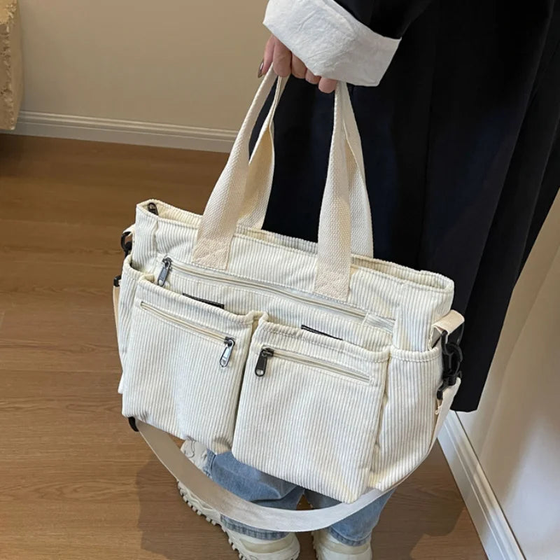 Corduroy Shoulder Bag with Zipper – Fashionable Multi-Compartment Bag for Women