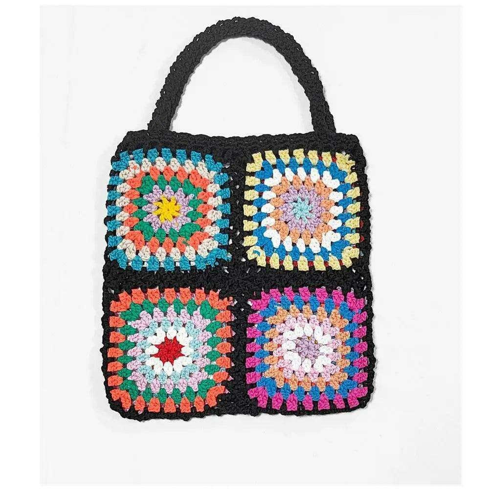Knitted bag with a square floral design