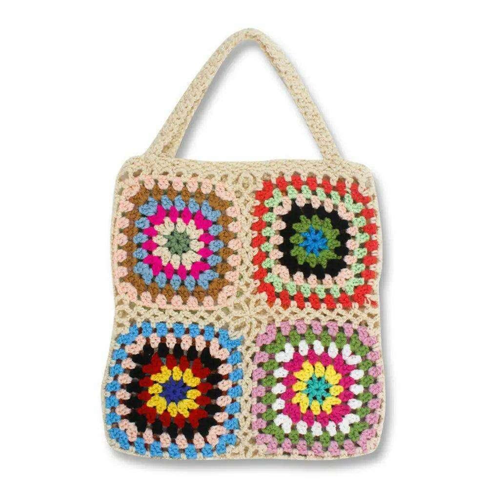 Knitted bag with a square floral design