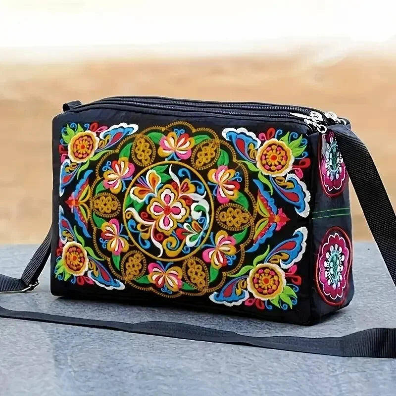 Nylon Crossbody Bag for Women with Floral Embroidery | Large Capacity | Durable and Fashionable