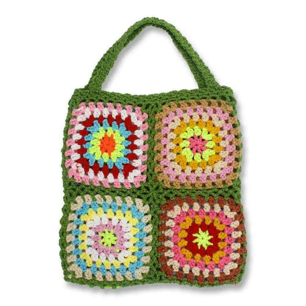 Knitted bag with a square floral design