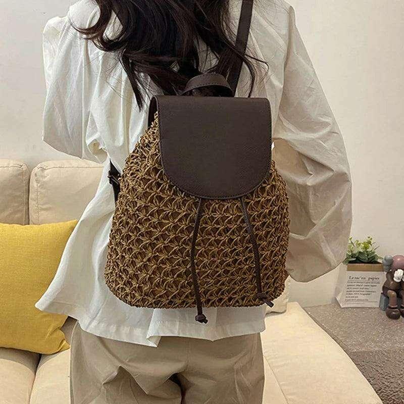 Boho style straw backpack for the beach