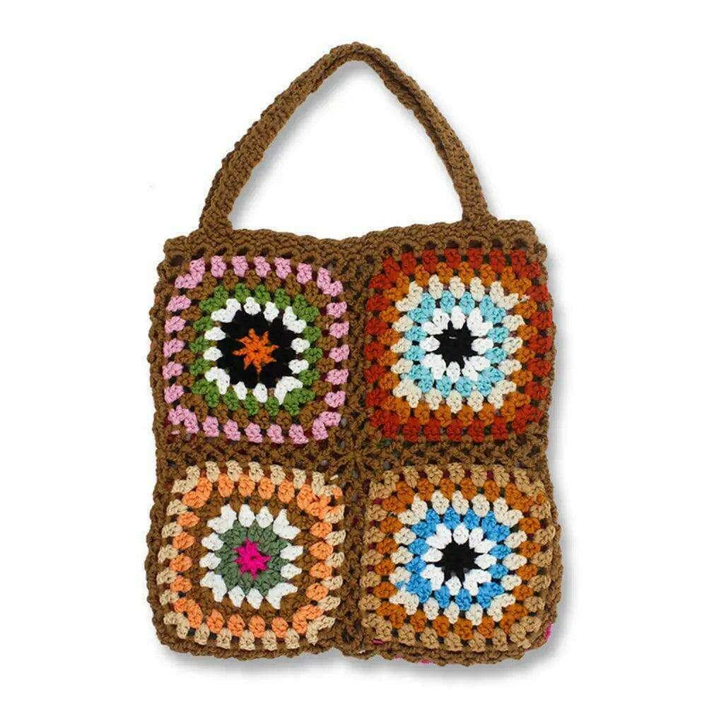 Knitted bag with a square floral design