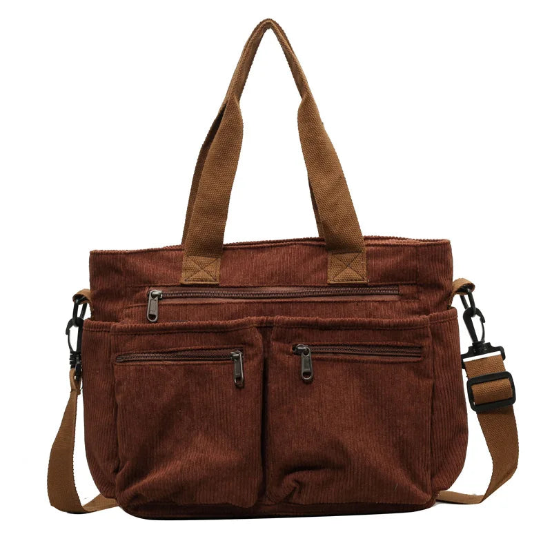 Corduroy Shoulder Bag with Zipper – Fashionable Multi-Compartment Bag for Women