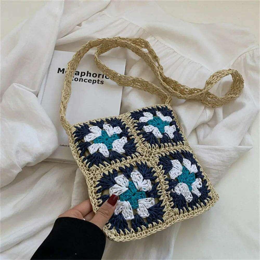 Knitted bag with a square floral design