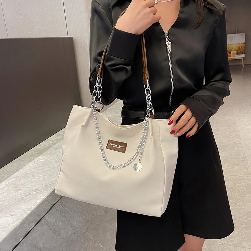 Nylon Tote Bag with Chain for Women | Single Shoulder | Solid Color and Fashionable Design