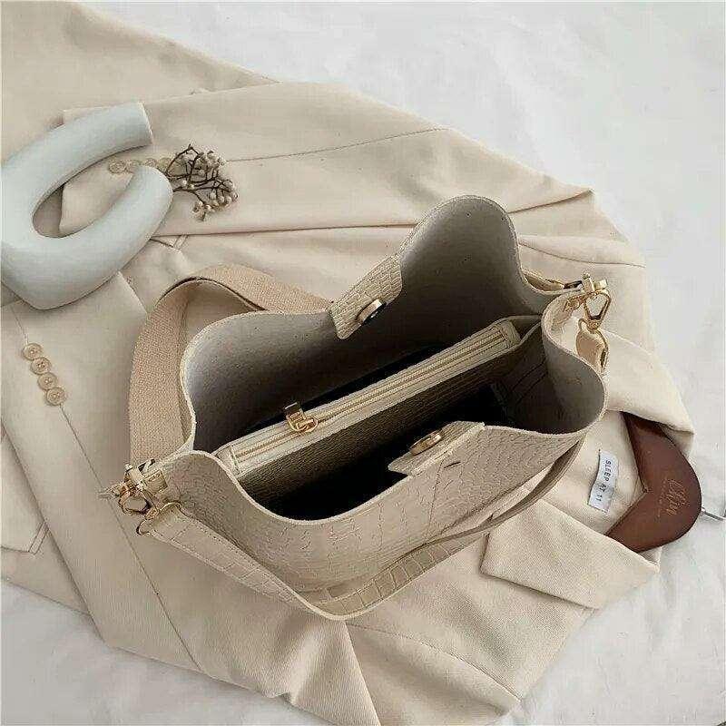 A fashionable shoulder bag with a unique look and crocodile texture