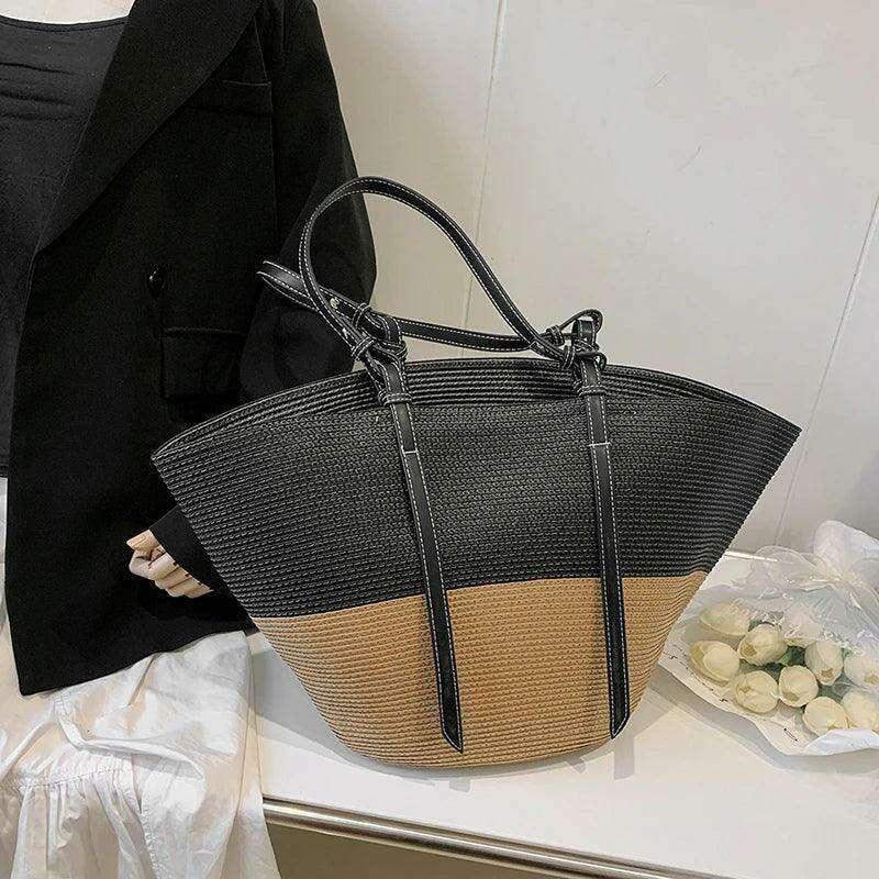 תיק קש אופנתי עם רצועות עור