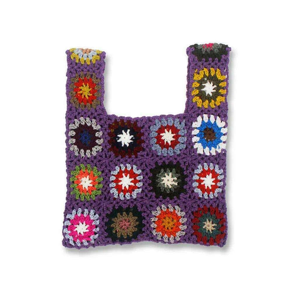 Knitted bag with a square floral design